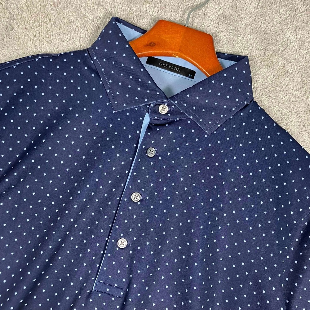 Greyson Polo Shirt Mens Medium Navy Blue White Polka Dot Short Sleeve Golf